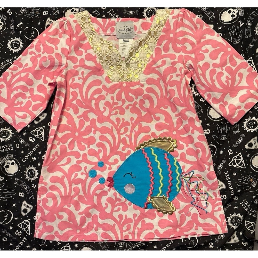 Mud Pie Toddler Girls Pink Damask Lace Detail Appliqué Fish Tunic Dress, Size 4T